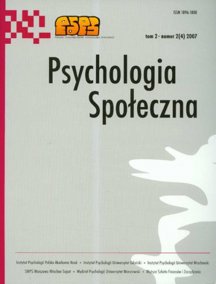 Psychologia społeczna Tom 2 numer 2 (4) / 2007 -  | okładka